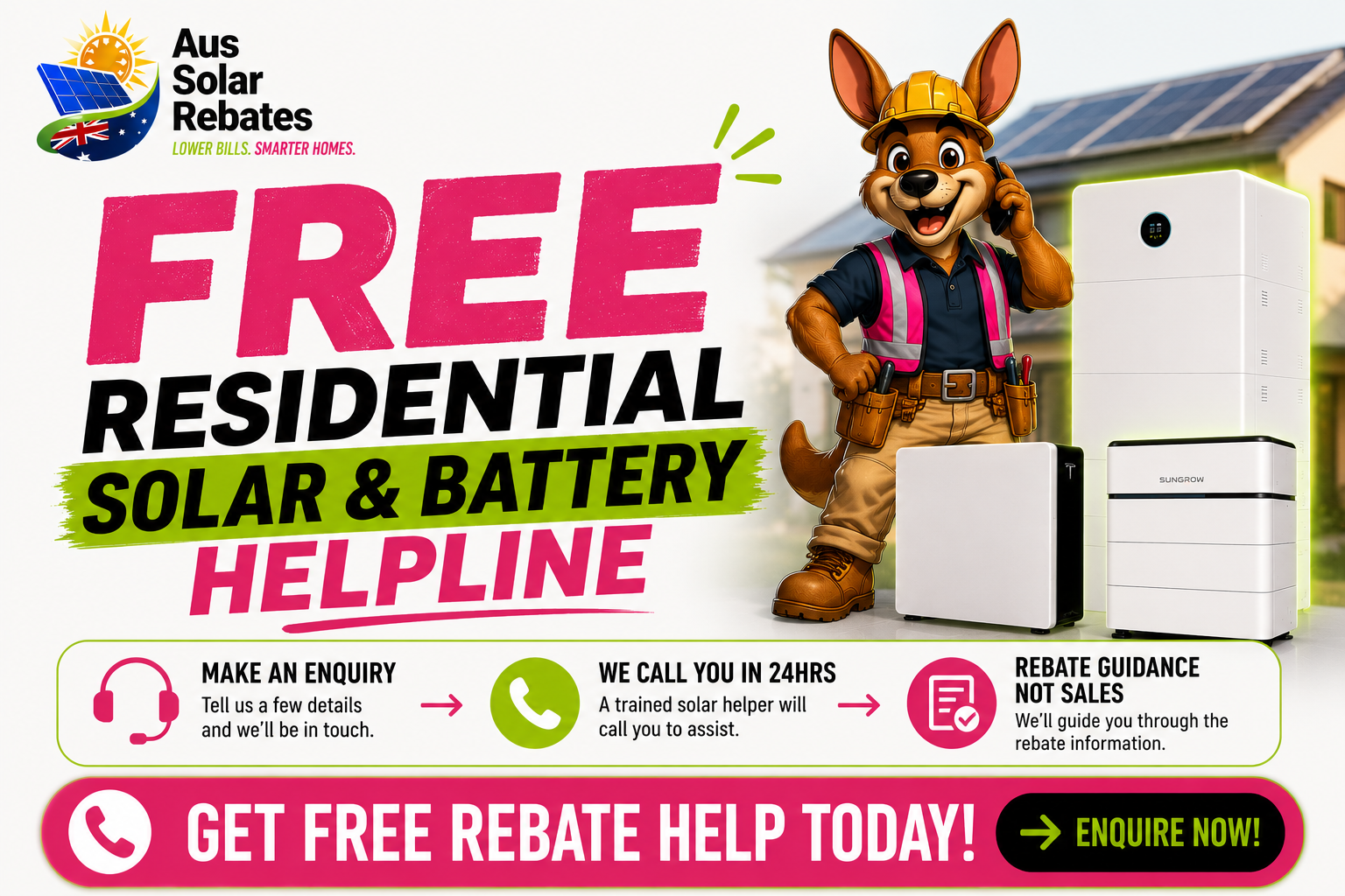 Aus Solar Rebates residential solar & battery helpline ad
