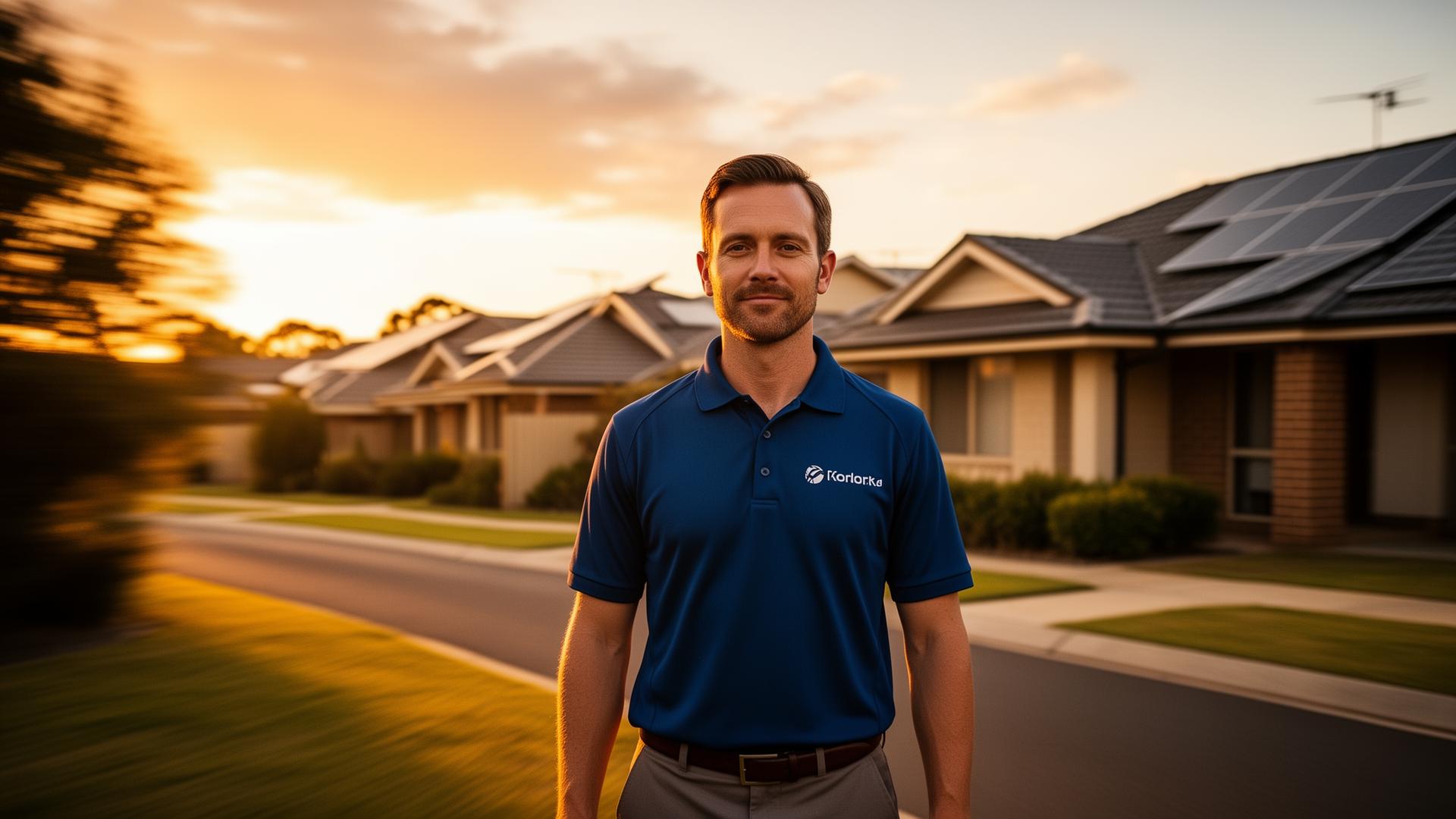 Door-to-door sales professional walking an Australian suburban street at sunset