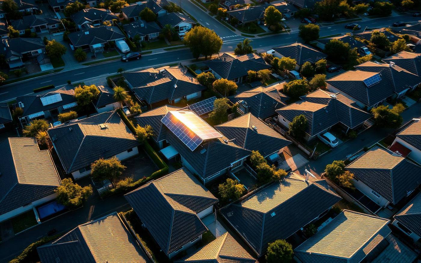 Aerial view of a suburban neighborhood with rooftop solar panels